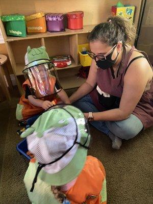 Teachers wears masks, glasses and uniform too