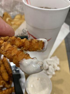 Fried sweet potatoes with marshmallow dip - yummee!