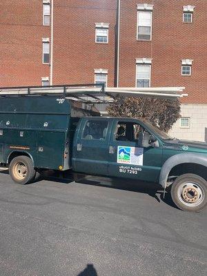 Filthy beat-up Shearon trucks parked in fire lanes for hours in violation of local ordinances.