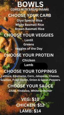 Updated Menu with more selection of veggies and toppings for Bowls.