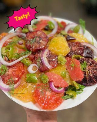 Winter Citrus Salad with Assorted Citrus, Red Onion, Fennel, Castelvetrano, Pickled Mustard Seed, Lemon Vinaigrette