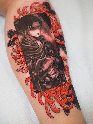 Anime leg tattoo by Wes Holland