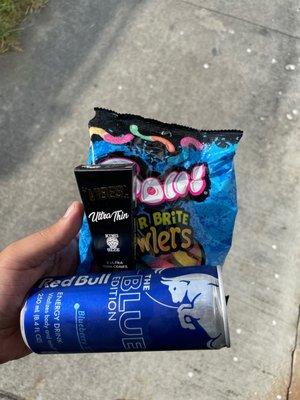 Red Bull vibe cones and trolly sour worms