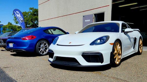 Porsche GT4 and Cayman in for service and a few suspension tweaks. Porsche mechanic. Porsche repair