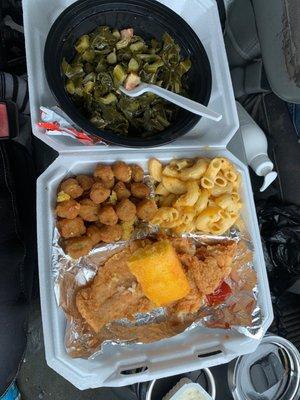 Collard greens, okra, Mac & cheese, cornbread and fried catfish. (They give you more I had just started eating it already)