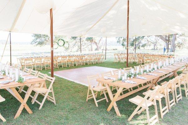 Event Rentals Natural Cypress Farm Tables Natural Wood Chairs Charleston Columbia