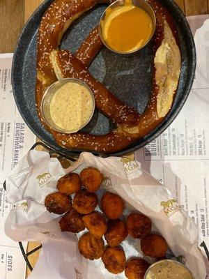 Giant pretzel and sauerkraut balls