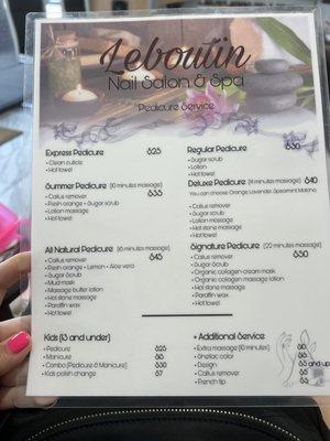 Pedicure menu