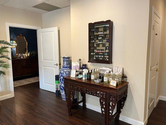 Product display in lobby space of Well Into Life Massage