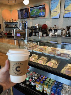 Coffee bar, Glass case of grab & go, drink prep area