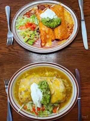 Full-Plates of Chili Verde Wet Burrito & two Shrimp Enchiladas.  ¡Muy grande y delicioso!