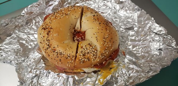 Taylor ham egg and cheese everything bagel pepper ketchup