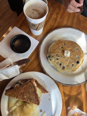 Caramelized Onion, Brie, Apple grilled cheese, blueberry pancakes