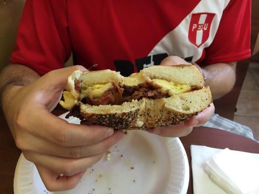 Bacon egg and cheese on everything bagel