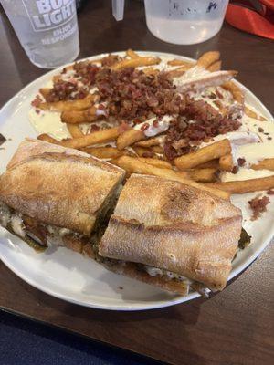 Philly sandwich with loaded Fries Philly Cheesesteak Sandwich Fries