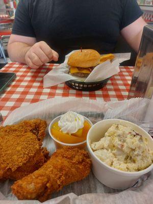 Fried chicken 10.99 w/ homemade potato salad. Maple bourbon burger w/fries