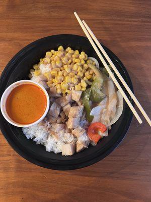 Rice Bowl with Panag Curry, Peanut sauce, Corn, Pepper & Onion, Chicken, and Steamed Jasmine Rice