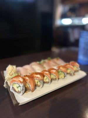 17. Salmon Gone Wild Roll (front) Albacore Sushi and Yellow Tail Sushi