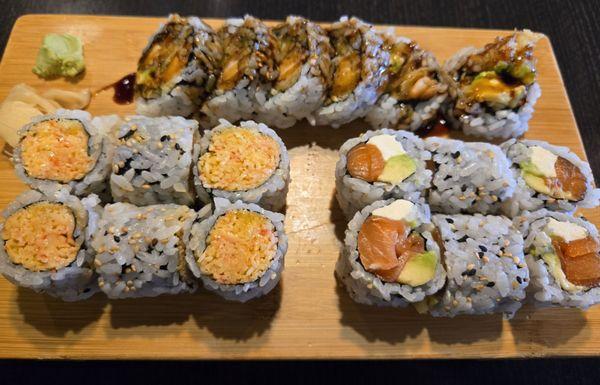 Spicy crabmeat maki, ebi tempera maki, and Philly maki