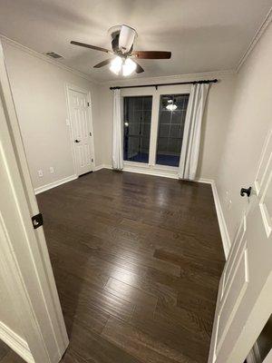 Guest bedroom with new engineered hardwood flooring