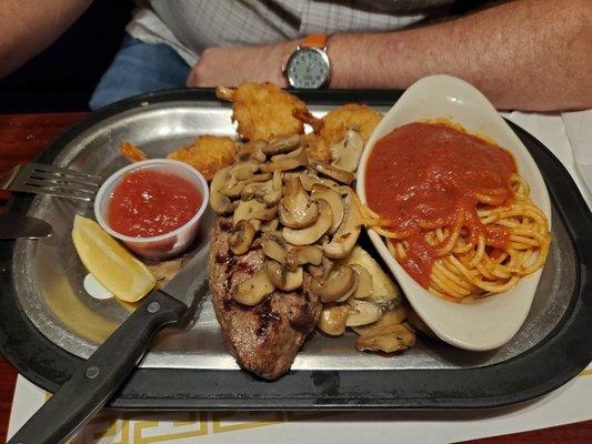 Friend shrimp, steak & mushrooms with a side of