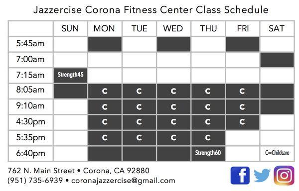 Here's our schedule. Each black box is a class. $1 childcare is offered at classes with "C".Weekly special format schedule at jazzercise.com