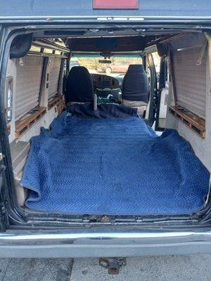 Inside look at van, about same size and space as the Uhaul cargo van. 8.5 feet long, 5 feet wide, 4.5 feet high