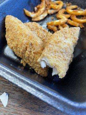 Hush Puppy Breaded Fish-3 piece. Very flaky and, surprisingly, good fish!!