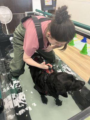 Strolling in the water treadmill to strengthen her legs.