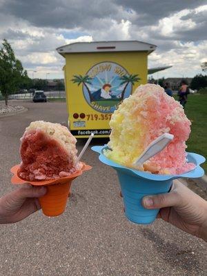 Lemon, cherry, & guava cone along. With a cherry, French vanilla, and lime cone! $5 for these huge ones!