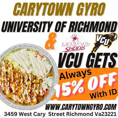 VCU & University Of Richmond get 15% off always with ID