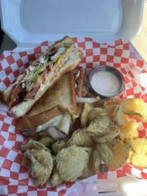 Club sandwich w/ fried pickles.