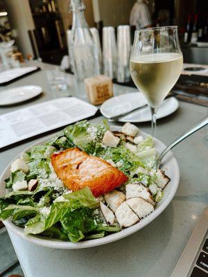 Caesar Salad with Salmon and paired with Sauvignon Blanc.