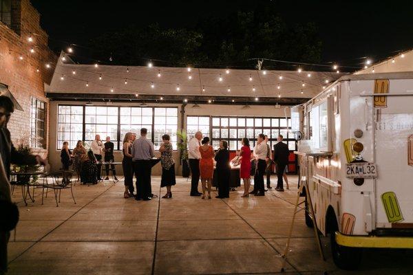 Outdoor courtyard with bistro lighting