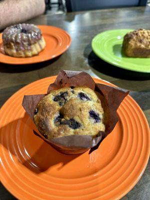 Blueberry coffee cake, blueberry muffin, & sausage & cheese square