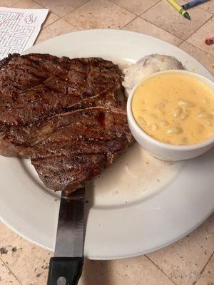 Porterhouse with Mac n' Cheese and Mashed potatoes