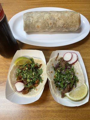 Bottom left- pastor on flour  Bottom right- Barbacoa on flour