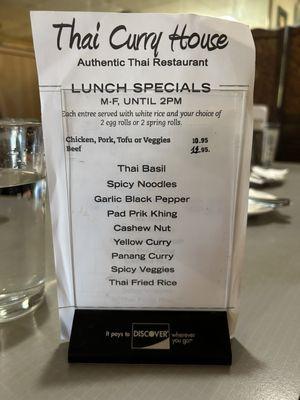 Lunch specials menu