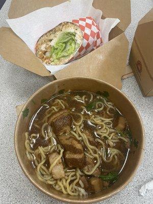 Pork belly noodle soup and shrimp tempura burrito