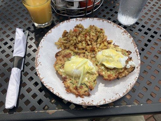 Eggs Benedict with the vegetarian zucchini patty substitute.  Very tasty.