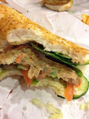 Veggie patty on garlic bread with sweet onion sauce and chipotle southwest sauce= YUM!