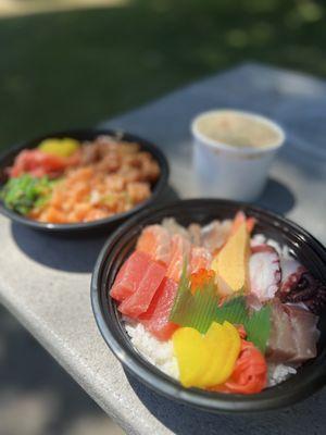 Chirashi bowl, poke bowl, and clam chowder:)