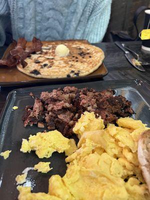 Blueberry pancakes and corned beef hash, homemade