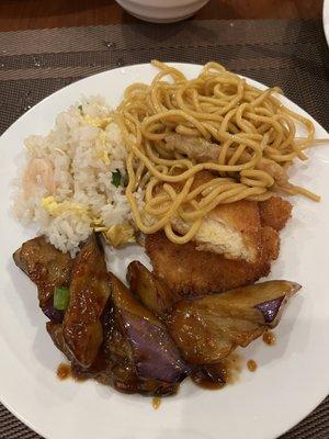 Chicken Lo Mein, Chinese Eggplant with Spicy Garlic Sauce, Young Chow Fried Rice, Lemon Chicken