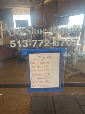 Lee shoe repair has new schedule hours: 9-6 Monday to Saturday.