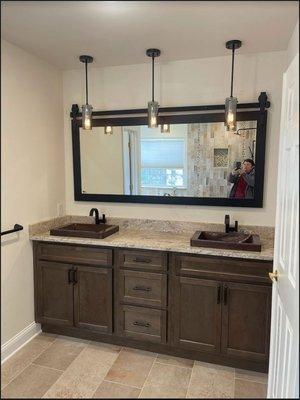 Bathroom Vanity installed in Smithville with Fabuwood Metro Java and Sienna Bordeaux granite counter top.