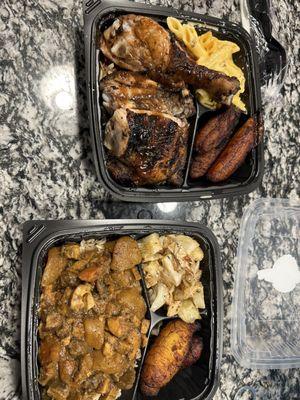 Chicken curry and jerk chicken plate