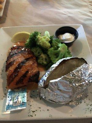 Glazed Salmon with baked potato and broccoli