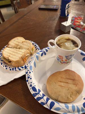 Roast beef panini, onion soup and bierock.