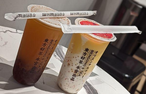 Left: Passionfruit Green Tea w/ Tea Cubes
 Right: Mango Pomelo Sago